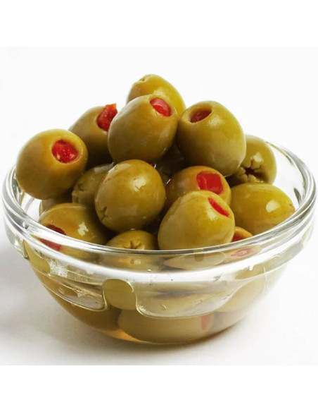 Green Manzanilla filed with roasted red pepper