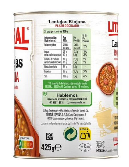 Lentils, lenteja Riojana LITORAL, 425g